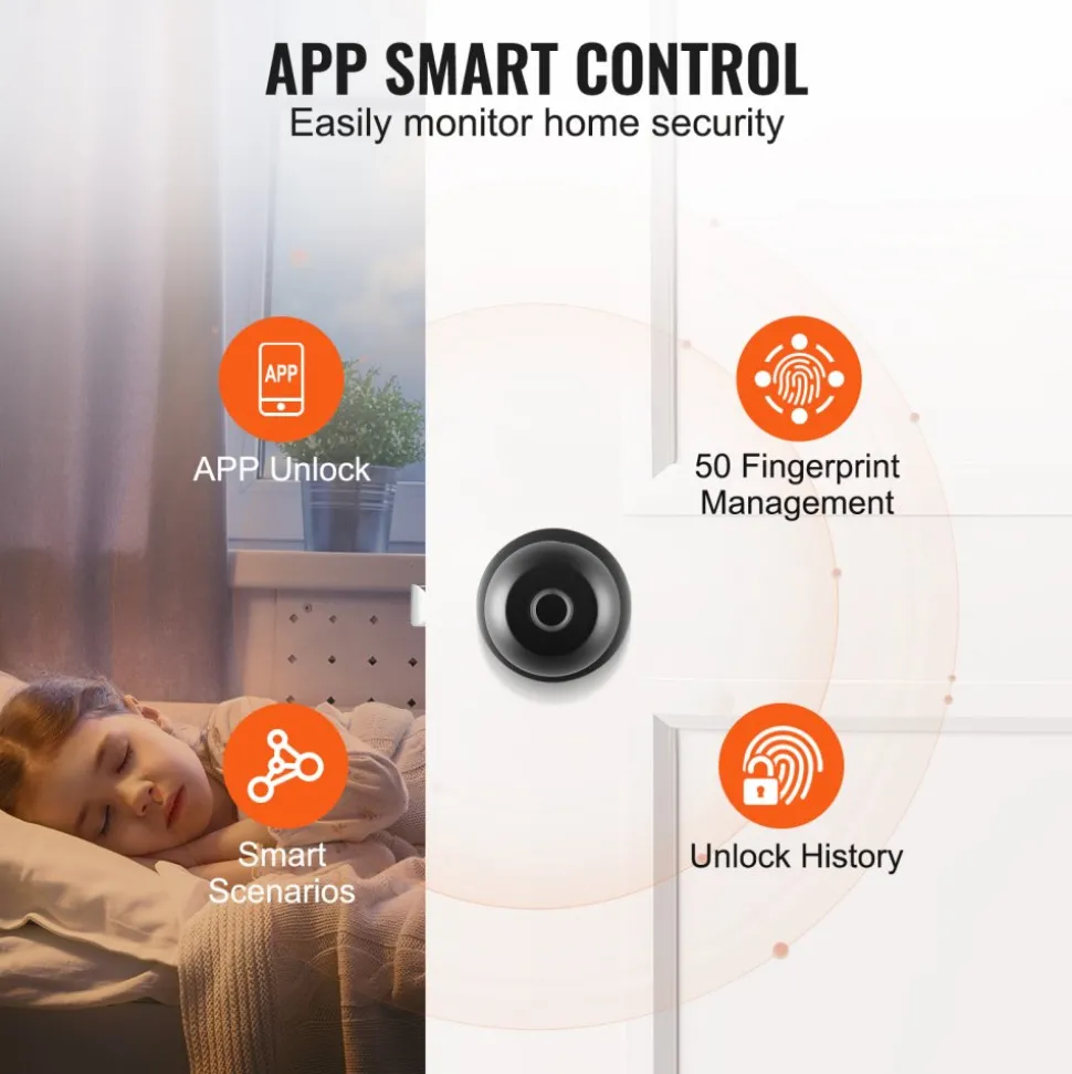 VEVOR Smart Door Knob, Biometric Door Lock Bluetooth Smart Lock, Fingerprint Smart Lock with APP Control, Easy Installation Door Lock, for Home Bedrooms, Cloakroom, Hotels, Apartments Offices, Black