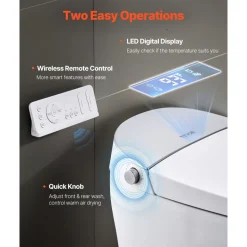 VEVOR Smart Toilet, Air Drying, Elongated Smart Toilet with Heated Seat, Clean Nozzle & Auto Freshening System, Auto Open/Close Toilet with Remote Control & LED Digital Display, Fits for Bathrooms