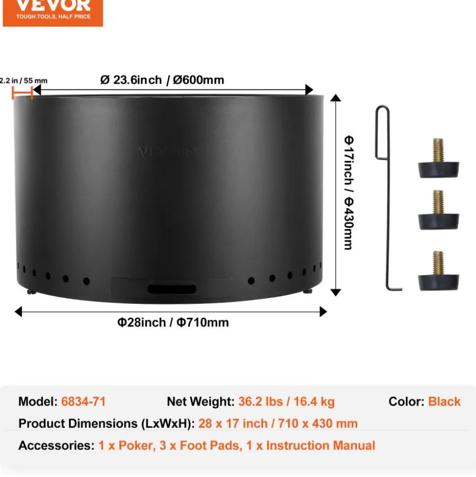 VEVOR Smokeless Fire Pit Stove Bonfire, H: 18 in x Dia: 28 in ,Wood Burning Fireplaces with Removable Ash Pan, SUS430 Stainless Steel inner Portable Outdoor Firepit,for Outdoor Patio Camping, Black