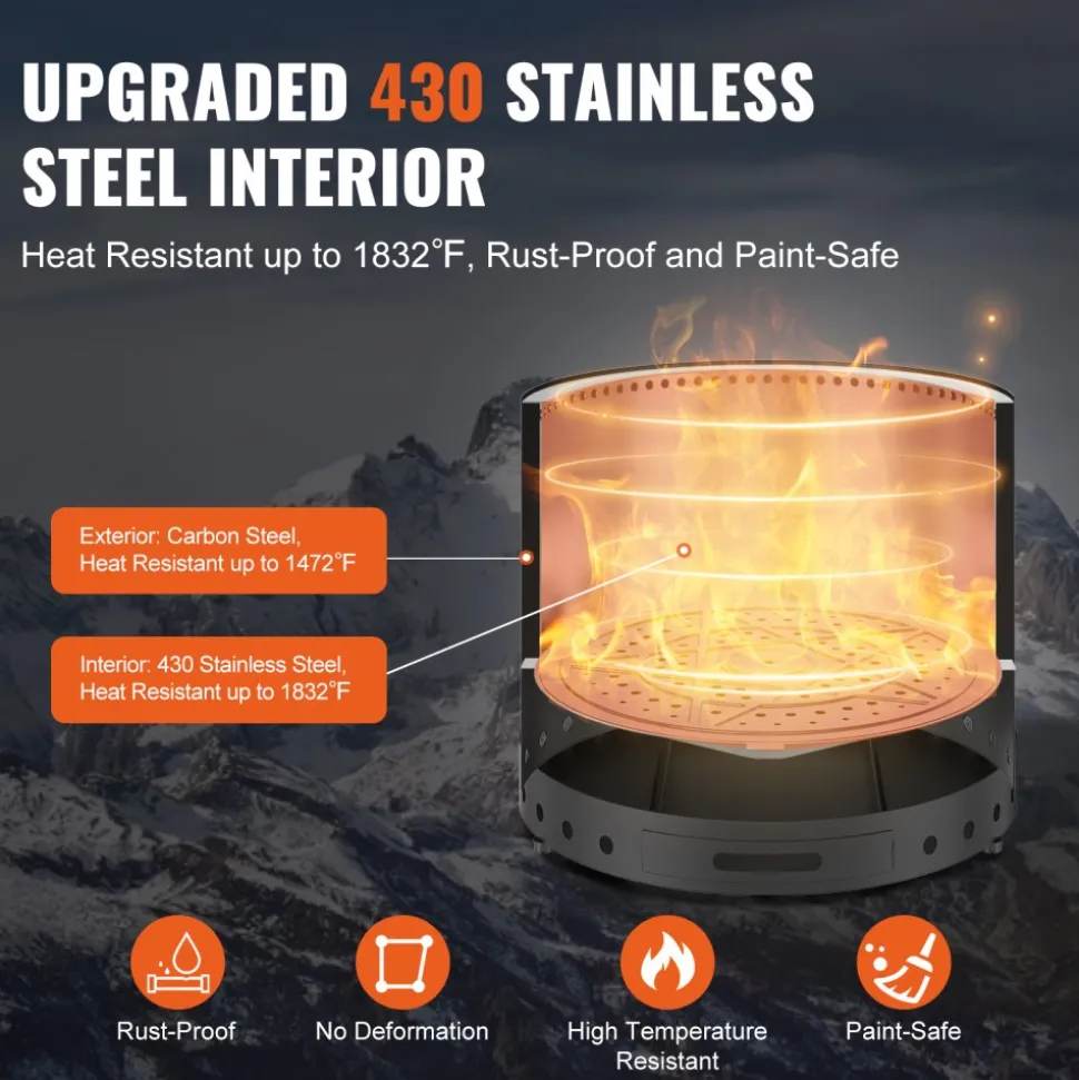 VEVOR Smokeless Fire Pit Stove Bonfire, H: 15.4 in x Dia: 19.3 in ,Wood Burning Fireplaces with Removable Ash Pan, SUS430 Stainless Steel inner Portable Outdoor Firepit, for Outdoor Patio Camping