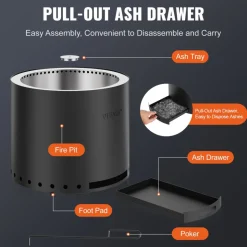 VEVOR Smokeless Fire Pit Stove Bonfire, H: 15.4 in x Dia: 19.3 in ,Wood Burning Fireplaces with Removable Ash Pan, SUS430 Stainless Steel inner Portable Outdoor Firepit, for Outdoor Patio Camping