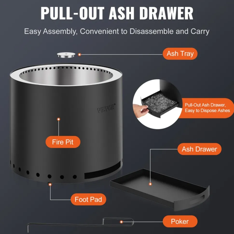 VEVOR Smokeless Fire Pit Stove Bonfire, H: 15.4 in x Dia: 19.3 in ,Wood Burning Fireplaces with Removable Ash Pan, SUS430 Stainless Steel inner Portable Outdoor Firepit, for Outdoor Patio Camping