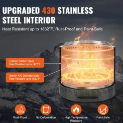 VEVOR Smokeless Fire Pit Stove Bonfire, H: 15.4 in x Dia: 15.7 in ,Wood Burning Fireplaces with Removable Ash Pan, SUS430 Stainless Steel Inner Portable Outdoor Firepit,for Outdoor Patio Camping