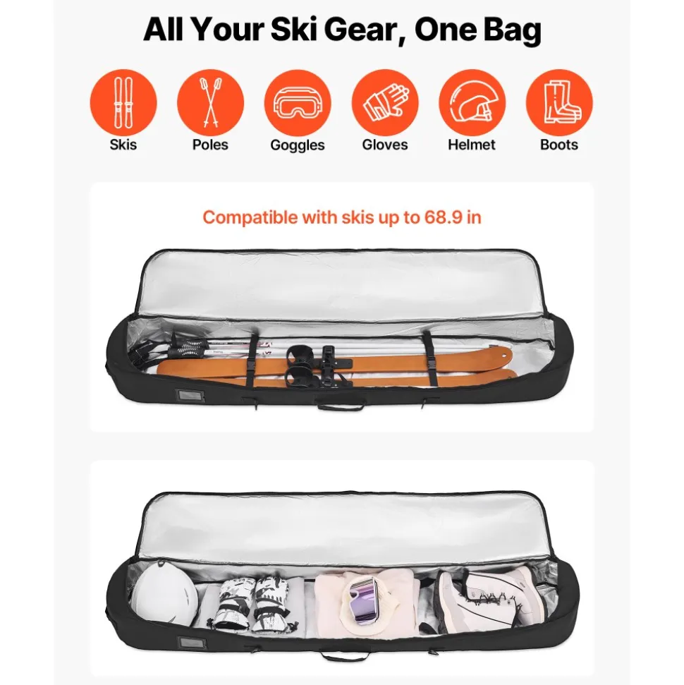 VEVOR Snowboard Bag, Up to 65 in/165 cm, Padded Skis & Snowboards Bag for Air Travel, 600D Waterproof Oxford Fabric, with Adjustable Inner Straps, for Skis Poles Goggles Gloves Helmet Boots (Black)