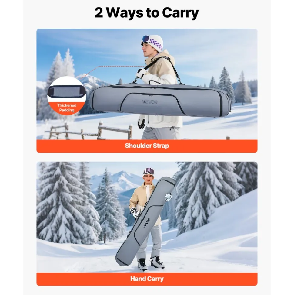 VEVOR Snowboard Bag, Up to 65 in/165 cm, Padded Skis & Snowboards Bag for Air Travel, 600D Waterproof Oxford Fabric, with Adjustable Inner Straps, for Skis Poles Goggles Gloves Helmet Boots (Gray)