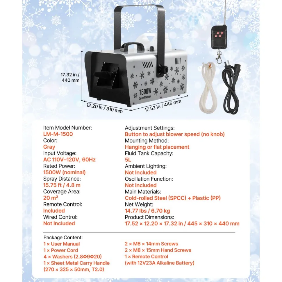 VEVOR Snow Machine, 1500W Handheld/Hanging Snow Maker By Wireless Remote Control, Portable Snowmaking Machine, High Output Snowflake Maker with 5L Tank for Christmas Party Wedding Stage Effects