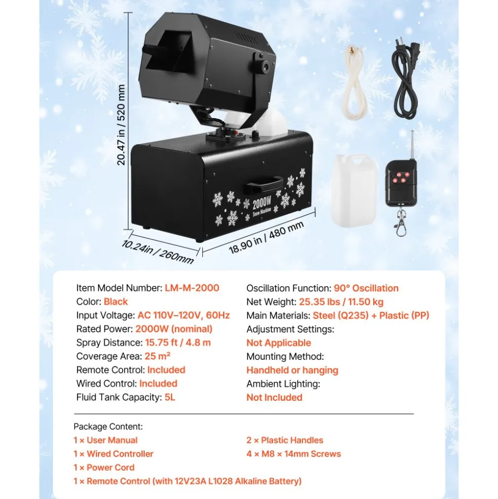 VEVOR Snow Machine, 2000W 90°Shaking Head Snow Maker by Wireless/Wired Remote Control, High Output Snowmaking Machine Coverage up to 25 ㎡ with 5L Tank for Christmas Wedding Parties