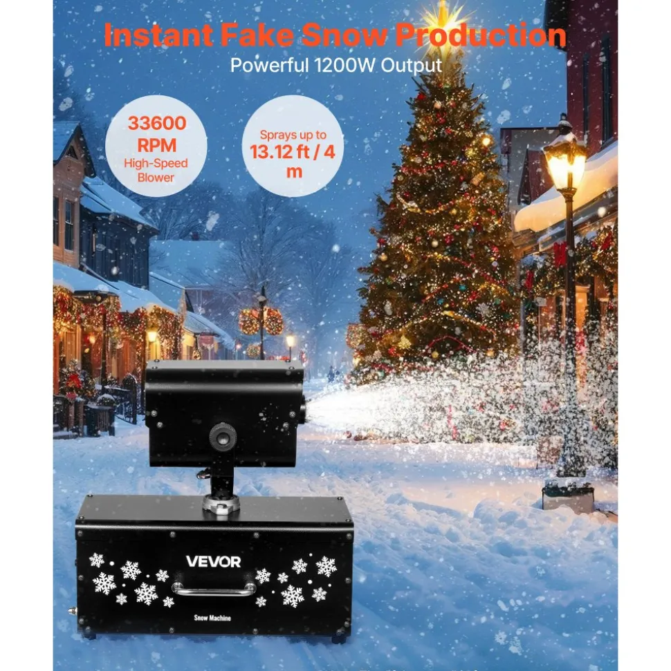 VEVOR Snow Machine, 1200W 90° Shaking Head Snow Maker with Wireless Remote Control, High Output Snowmaking Machine Coverage up to 12 ㎡ for Christmas Wedding Parties Stage Snowflake Effect