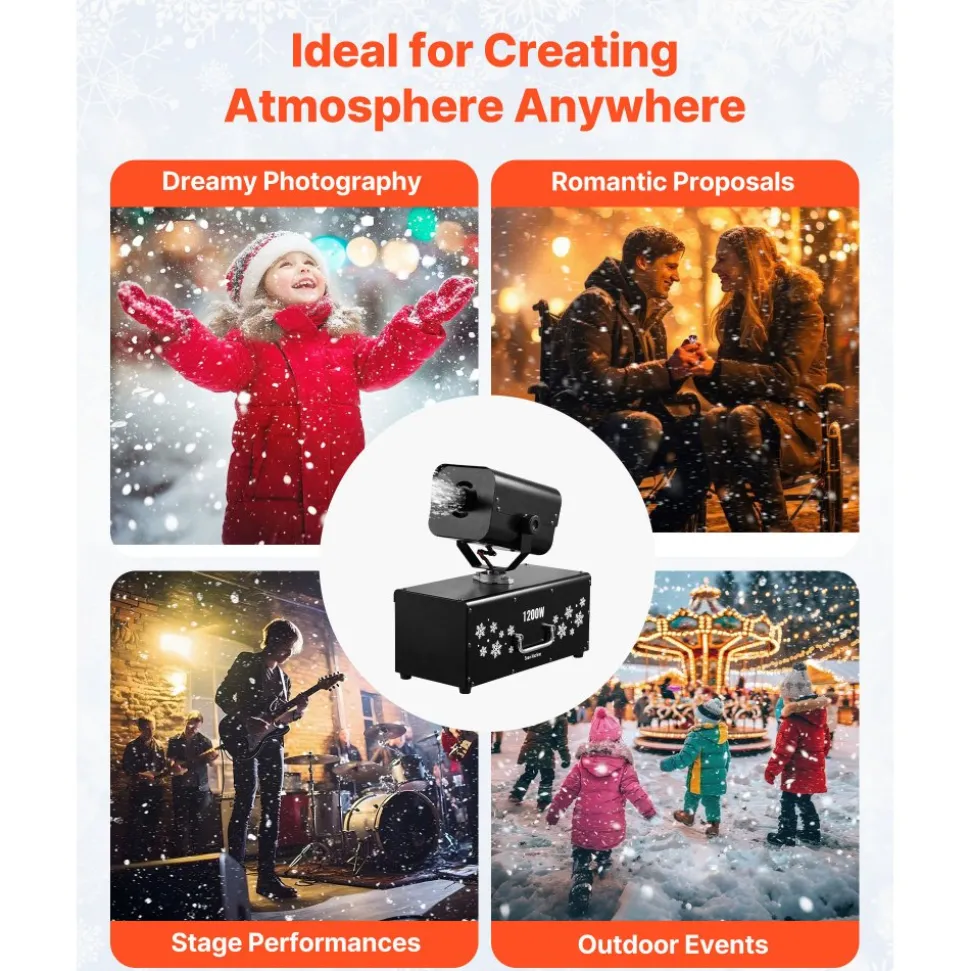 VEVOR Snow Machine, 1200W 90° Shaking Head Snow Maker with Wireless Remote Control, High Output Snowmaking Machine Coverage up to 12 ㎡ for Christmas Wedding Parties Stage Snowflake Effect