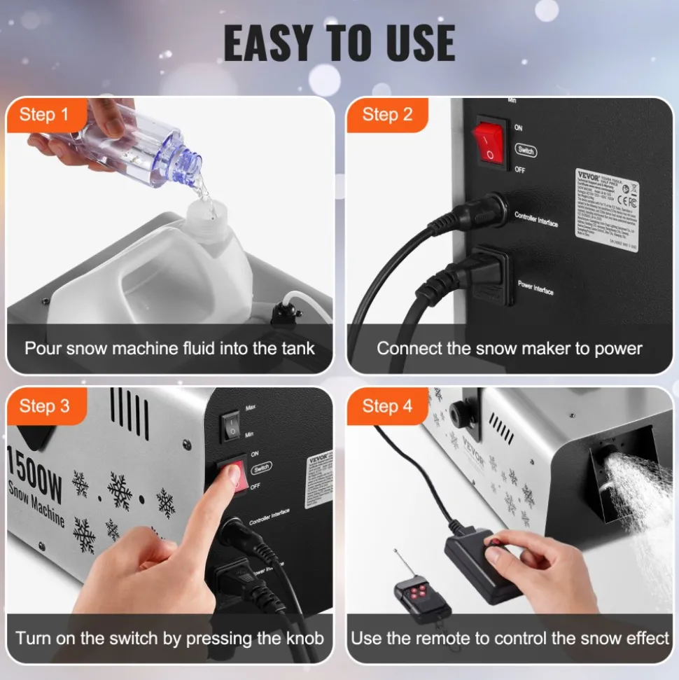 VEVOR Snow Machine, 1500W Snow Maker Machine with 2 Remotes Control and 5L Large Capacity Water Tank, High Output Snowflake Maker Stage Snow Effect for Christmas, Halloween, Wedding, DJ Parties