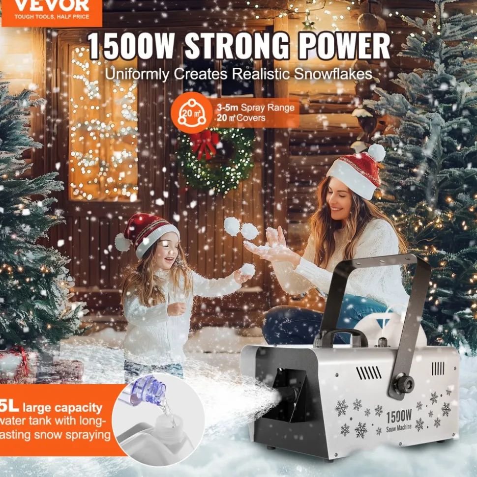 VEVOR Snow Machine, 1500W Snow Maker Machine with 2 Remotes Control and 5L Large Capacity Water Tank, High Output Snowflake Maker Stage Snow Effect for Christmas, Halloween, Wedding, DJ Parties