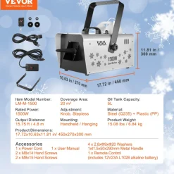 VEVOR Snow Machine, 1500W Snow Maker Machine with 2 Remotes Control and 5L Large Capacity Water Tank, High Output Snowflake Maker Stage Snow Effect for Christmas, Halloween, Wedding, DJ Parties