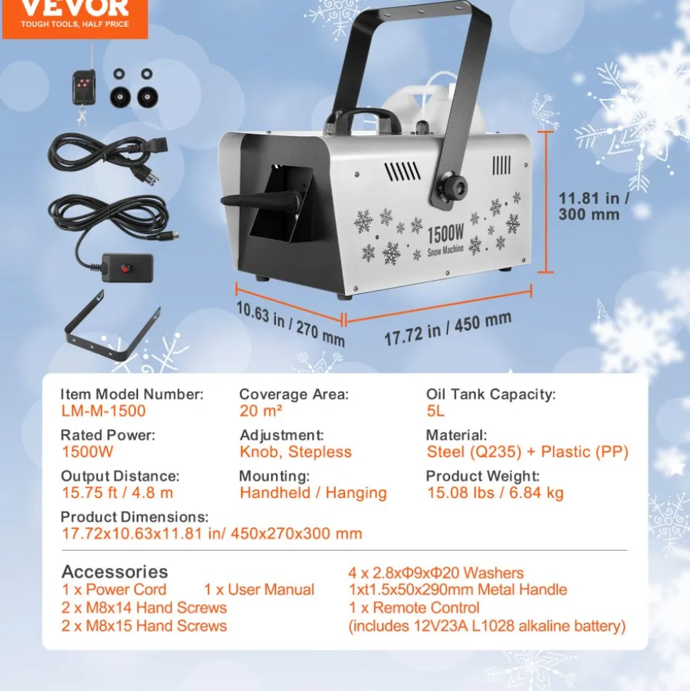 VEVOR Snow Machine, 1500W Snow Maker Machine with 2 Remotes Control and 5L Large Capacity Water Tank, High Output Snowflake Maker Stage Snow Effect for Christmas, Halloween, Wedding, DJ Parties