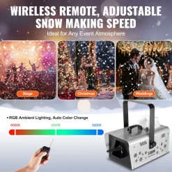 VEVOR Snow Machine, 1500W Snow Maker Machine with 2 Remotes Control and 5L Large Capacity Water Tank, High Output Snowflake Maker Stage Snow Effect for Christmas, Halloween, Wedding, DJ Parties