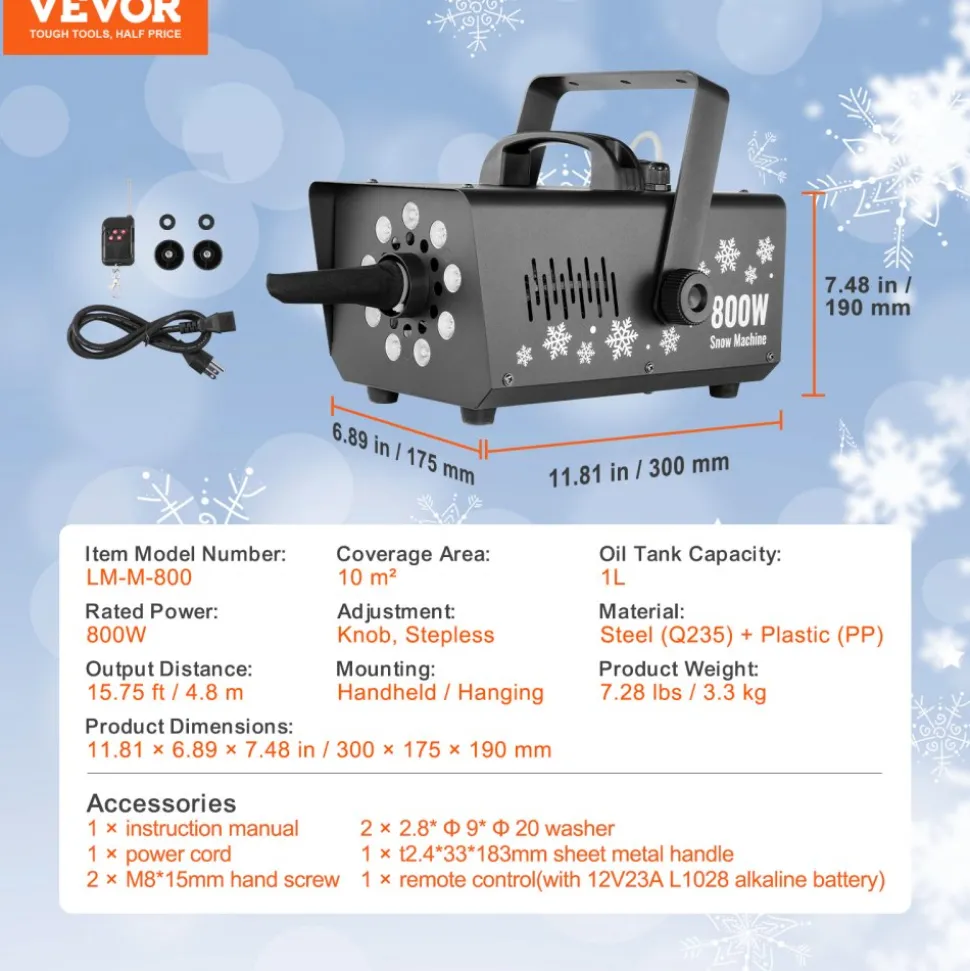 VEVOR Snow Machine, 800W Snow Making Machine with 8 LED RGB Lights and Remote Control, High Output Snowflake Maker Stage Snow Effect for Christmas, Halloween, Wedding, DJ Parties and Valentine's Day