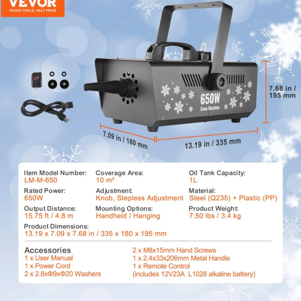 VEVOR Snow Machine, 650W Wireless Remote Control Snow Maker Machine with 1L Tank High Output Portable Premium Artificial Snowflake Machines for Christmas Holidays Parties Wedding Stage Effect