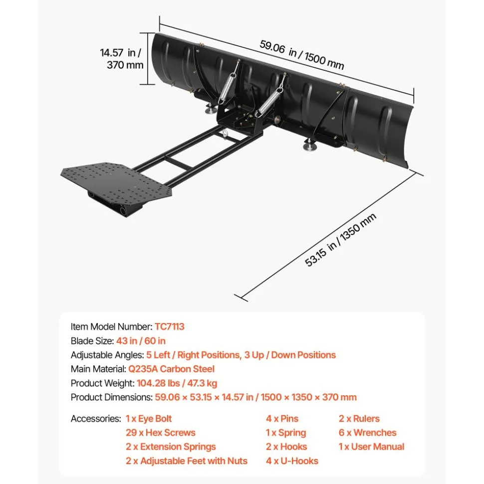 VEVOR Snow Plow Kit 43 in/60 in Width Adjustable Universal Plow Attachment, for Most ATVs and UTVs, Height & Left-Right Adjustable, 3 Mount Options, Steel ATV Scrape Blade, Efficient Snows Clearing