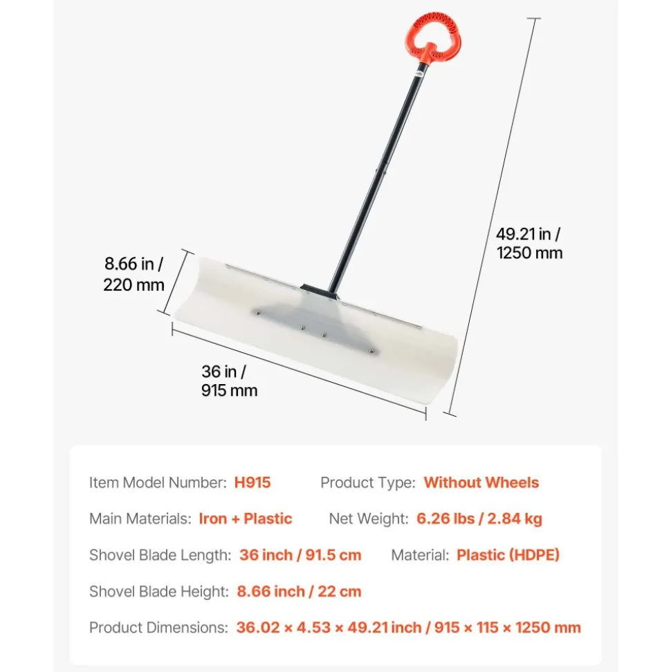 VEVOR Snow Pusher Shovel, 36 in Outdoor Snowplow Shovel with Ergonomic Grip, HDPE Plastic Blade, Winter Shovels with Segmented Handle, Metal Edged Strip, Portable Snow Removal Tool for Driveway Garden