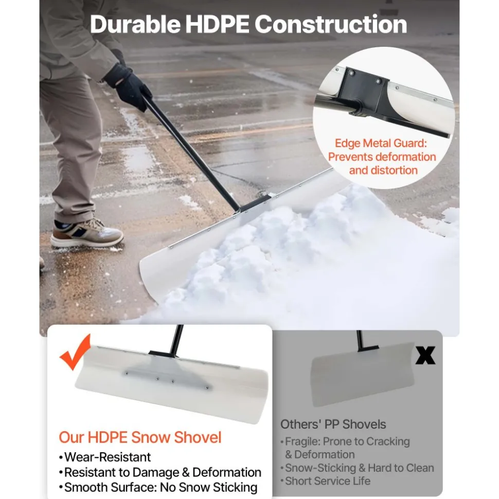 VEVOR Snow Pusher Shovel, 36 in Outdoor Snowplow Shovel with Ergonomic Grip, HDPE Plastic Blade, Winter Shovels with Segmented Handle, Metal Edged Strip, Portable Snow Removal Tool for Driveway Garden