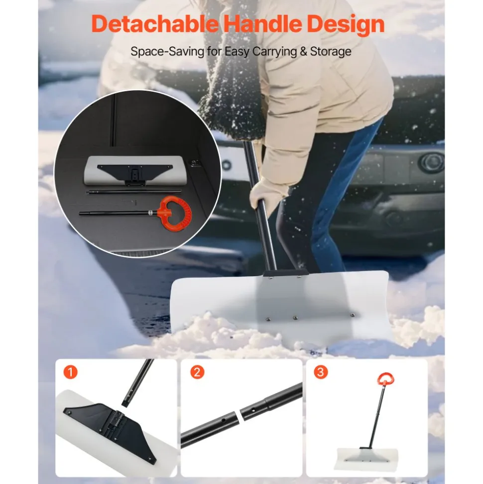 VEVOR Snow Pusher Shovel, 24 in Wide Outdoor Snowplow Shovel with Ergonomic Grip, HDPE Plastic Blade, Winter Shovels with Segmented Handle, Portable Snow Removal Tool for Driveway Garden Camping