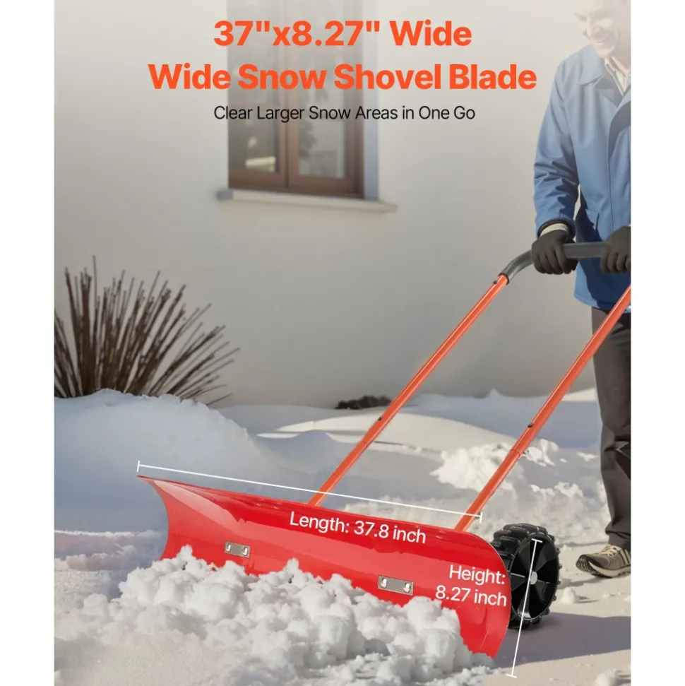 VEVOR Snow Pusher Shovel with Wheels, 24 in Wheeled Snowplow Shovel with Bi-Directional Angled Blade & 90 Degree Adjustable Handle, Metal Winter Shovels, Portable Snow Removal Tool for Driveway Garden