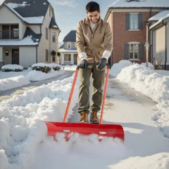 VEVOR Snow Pusher Shovel with Wheels, 24 in Wheeled Snowplow Shovel with Bi-Directional Angled Blade & 90 Degree Adjustable Handle, Metal Winter Shovels, Portable Snow Removal Tool for Driveway Garden