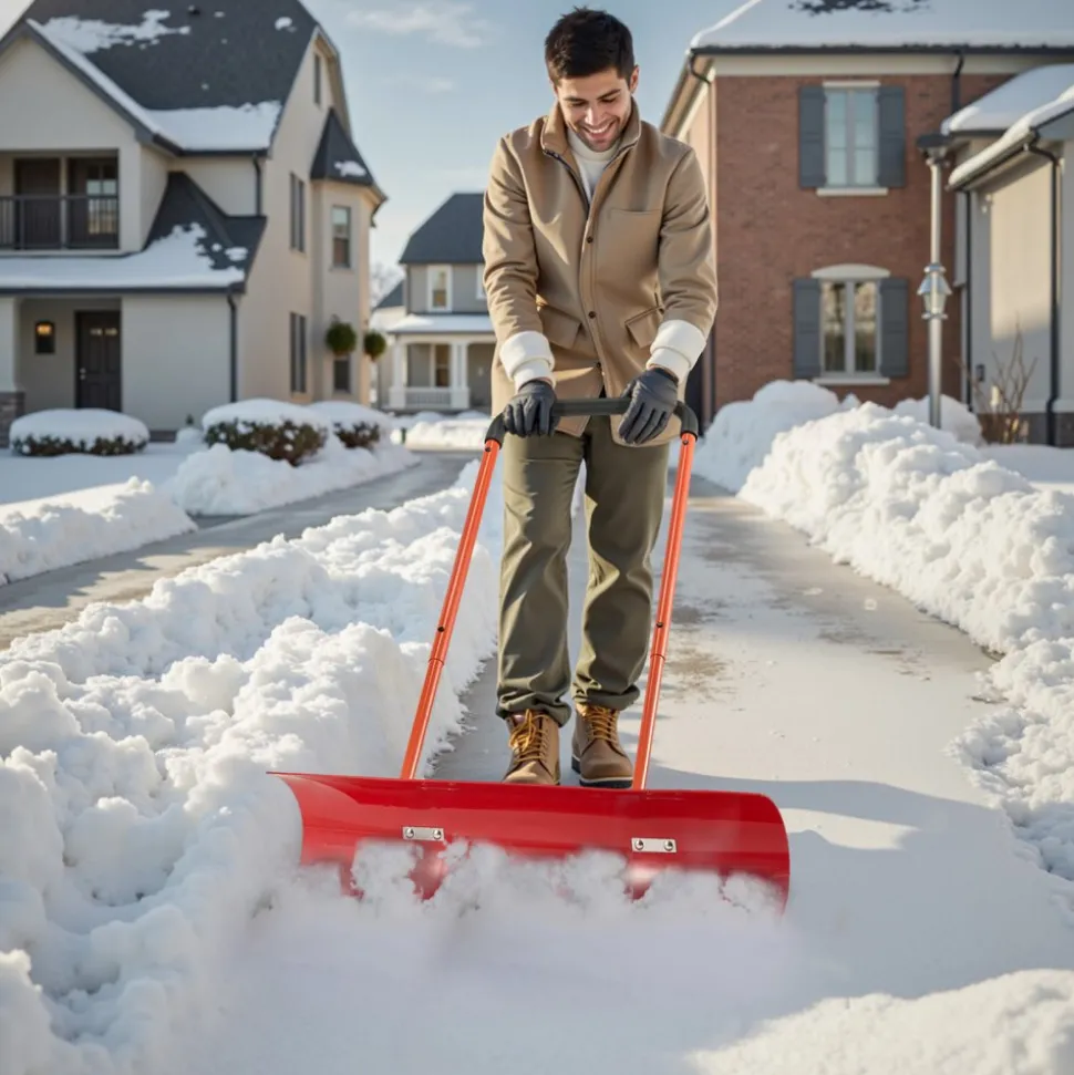 VEVOR Snow Pusher Shovel with Wheels, 24 in Wheeled Snowplow Shovel with Bi-Directional Angled Blade & 90 Degree Adjustable Handle, Metal Winter Shovels, Portable Snow Removal Tool for Driveway Garden