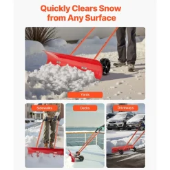 VEVOR Snow Pusher Shovel with Wheels, 24 in Wheeled Snowplow Shovel with Bi-Directional Angled Blade & 90 Degree Adjustable Handle, Metal Winter Shovels, Portable Snow Removal Tool for Driveway Garden