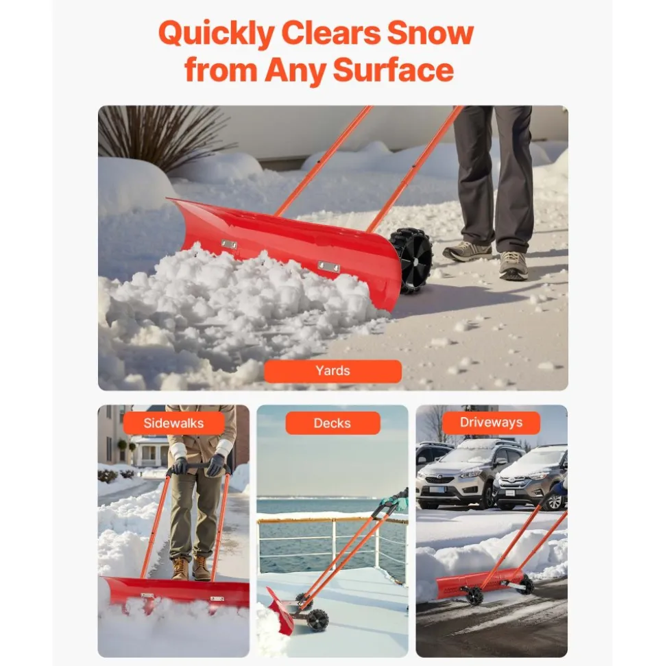 VEVOR Snow Pusher Shovel with Wheels, 24 in Wheeled Snowplow Shovel with Bi-Directional Angled Blade & 90 Degree Adjustable Handle, Metal Winter Shovels, Portable Snow Removal Tool for Driveway Garden