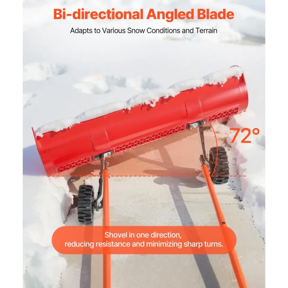 VEVOR Snow Pusher Shovel with Wheels, 24 in Wheeled Snowplow Shovel with Bi-Directional Angled Blade & 90 Degree Adjustable Handle, Metal Winter Shovels, Portable Snow Removal Tool for Driveway Garden