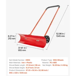 VEVOR Snow Pusher Shovel with Wheels, 24 in Wheeled Snowplow Shovel with Bi-Directional Angled Blade & 90 Degree Adjustable Handle, Metal Winter Shovels, Portable Snow Removal Tool for Driveway Garden