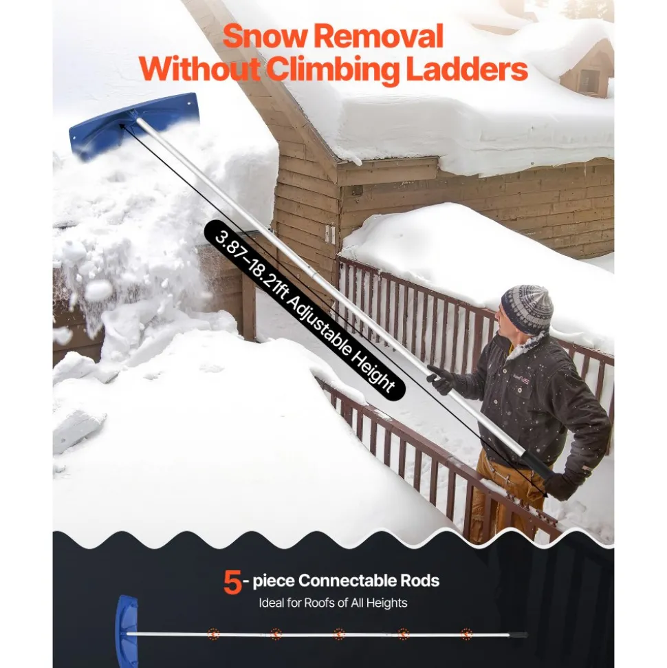 VEVOR Snow Roof Rake, 24 in PP Plastic Blade, 3.8-18.2 ft Adjustable Roof Snow Scraper with Wheels, Anti-Slip Handle Snows Removal Tool, Lightweight House Rooftop Rake for Leaves Debris Removal