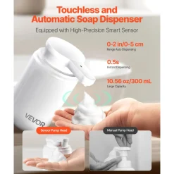 VEVOR Soap Dispenser, 300 ml / 10 oz, Rechargeable Automatic Hand Soap Dispenser with Pump, 2 Adjustable Levels, Modern Touchless Liquid Foam Container with Indicator for Bathroom and Kitchen, White