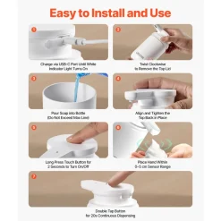 VEVOR Soap Dispenser, 300 ml / 10 oz, Rechargeable Automatic Hand Soap Dispenser with Pump, 2 Adjustable Levels, Modern Touchless Liquid Foam Container with Indicator for Bathroom and Kitchen, White