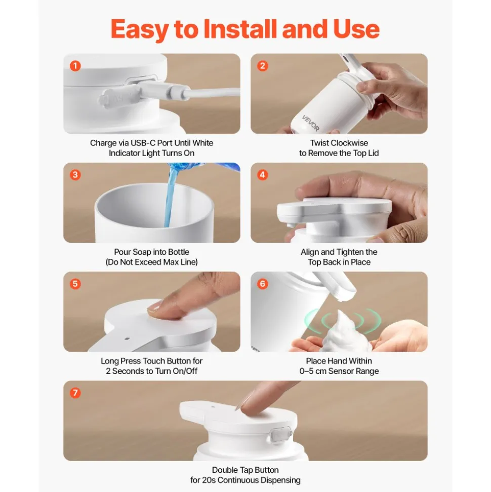 VEVOR Soap Dispenser, 300 ml / 10 oz, Rechargeable Automatic Hand Soap Dispenser with Pump, 2 Adjustable Levels, Modern Touchless Liquid Foam Container with Indicator for Bathroom and Kitchen, White