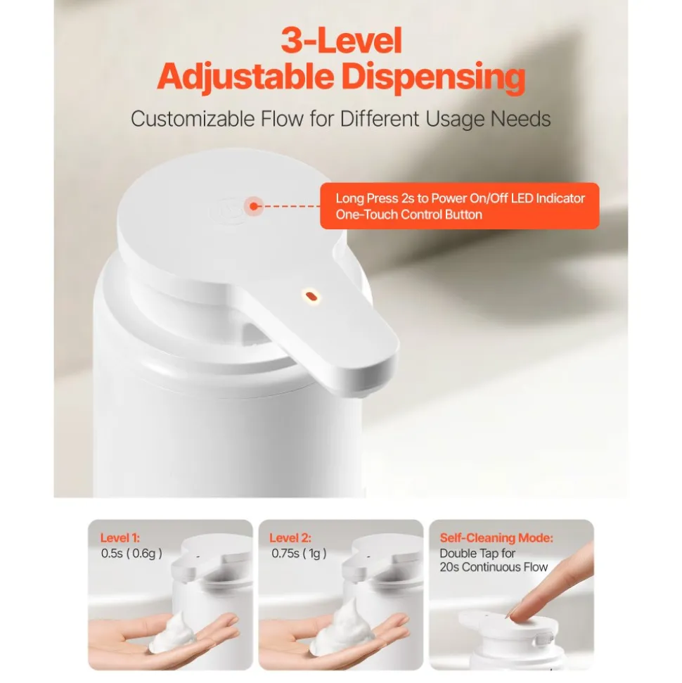 VEVOR Soap Dispenser, 300 ml / 10 oz, Rechargeable Automatic Hand Soap Dispenser with Pump, 2 Adjustable Levels, Modern Touchless Liquid Foam Container with Indicator for Bathroom and Kitchen, White