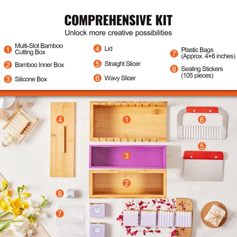 VEVOR Soap Making Kit, Bamboo Cutting Box and Inner Box with Silicone Mold, Stainless Steel Straight Cutter and Wavy Cutter, 100 Bags and 105 Stickers, Soap Making Supplies DIY Kits for Adults