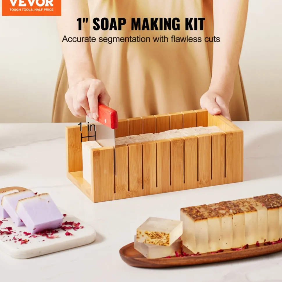 VEVOR Soap Making Kit, Bamboo Cutting Box and Inner Box with Silicone Mold, Stainless Steel Straight Cutter and Wavy Cutter, 100 Bags and 105 Stickers, Soap Making Supplies DIY Kits for Adults