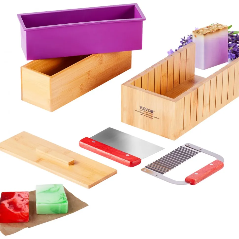 VEVOR Soap Making Kit, Bamboo Cutting Box and Inner Box with Silicone Mold, Stainless Steel Straight Cutter and Wavy Cutter, 100 Bags and 105 Stickers, Soap Making Supplies DIY Kits for Adults
