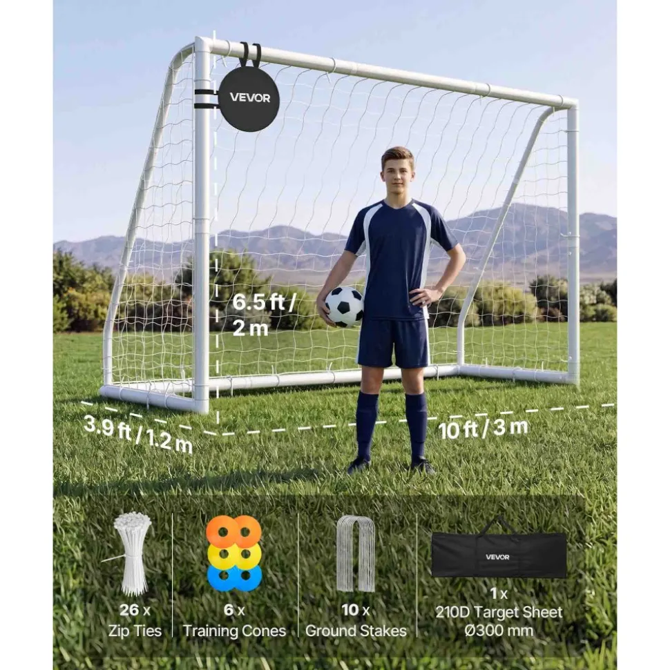 VEVOR Soccer Goal 10 x 6.5 FT PVC Soccer Goal for Backyard with PE Net, Portable & Weatherproof Set, with High-Strength PE Net, Target, Cones, for Kids & Adults Outdoor Backyard Practice Training