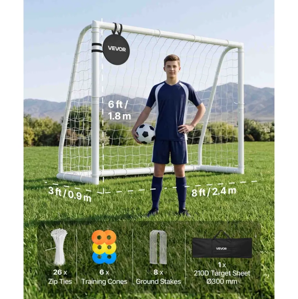 VEVOR Soccer Goal 8 x 6 FT PVC Soccer Goal for Backyard with PE Net, Portable Weatherproof Set, with High-Strength PE Net, Target, Cones, for Youth Kids & Adults Outdoor Backyard Practice Training