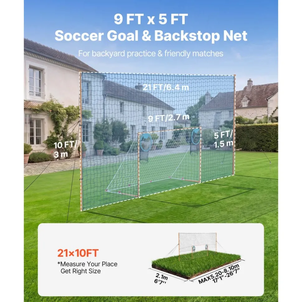 VEVOR Soccer Goal 9 x 5 FT Soccer Goal for Backyard with Iron Frame PE Net, Durable Backstop, Target Net, Ground Stakes, Ropes, for Youth & Adults, Outdoor Sports, Backyard Practice Training Games