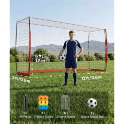 VEVOR Soccer Goal 12 x 6 FT Soccer Net for Backyard Collapsible Base Red, Portable & Quick Setup Set, with Metal Base, Carry Bag, Ground Stakes, for Youth & Adults Outdoor Backyard Practice Training