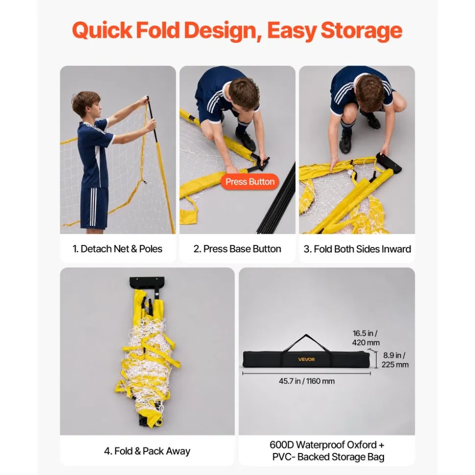 VEVOR Soccer Goal 12 x 6 FT Soccer Net for Backyard Collapsible Base Yellow, Portable & Quick Setup, with Metal Base, Carry Bag, Ground Stakes, for Youth & Adults Outdoor Backyard Practice Training