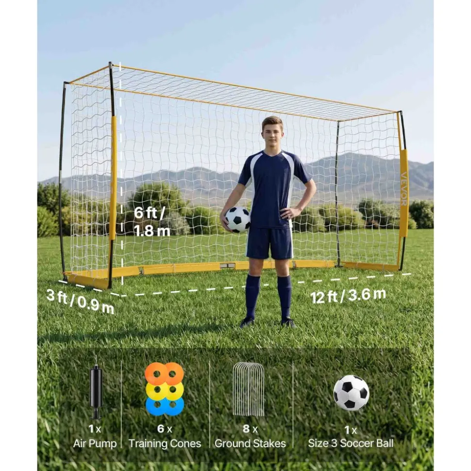 VEVOR Soccer Goal 12 x 6 FT Soccer Net for Backyard Collapsible Base Yellow, Portable & Quick Setup, with Metal Base, Carry Bag, Ground Stakes, for Youth & Adults Outdoor Backyard Practice Training