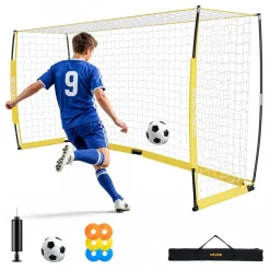 VEVOR Soccer Goal 12 x 6 FT Soccer Net for Backyard Collapsible Base Yellow, Portable & Quick Setup, with Metal Base, Carry Bag, Ground Stakes, for Youth & Adults Outdoor Backyard Practice Training