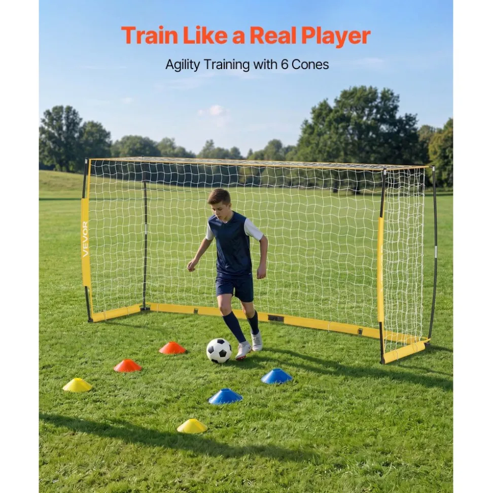 VEVOR Soccer Goal 12 x 6 FT Soccer Net for Backyard Collapsible Base Yellow, Portable & Quick Setup, with Metal Base, Carry Bag, Ground Stakes, for Youth & Adults Outdoor Backyard Practice Training