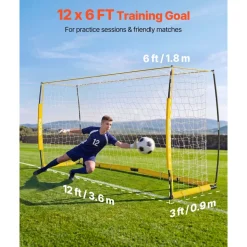 VEVOR Soccer Goal 12 x 6 FT Soccer Net for Backyard Collapsible Base Yellow, Portable & Quick Setup, with Metal Base, Carry Bag, Ground Stakes, for Youth & Adults Outdoor Backyard Practice Training