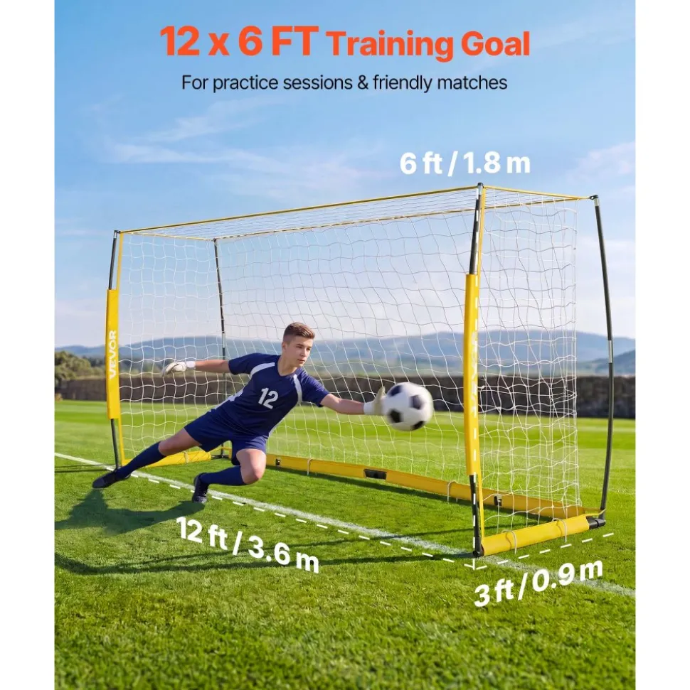 VEVOR Soccer Goal 12 x 6 FT Soccer Net for Backyard Collapsible Base Yellow, Portable & Quick Setup, with Metal Base, Carry Bag, Ground Stakes, for Youth & Adults Outdoor Backyard Practice Training