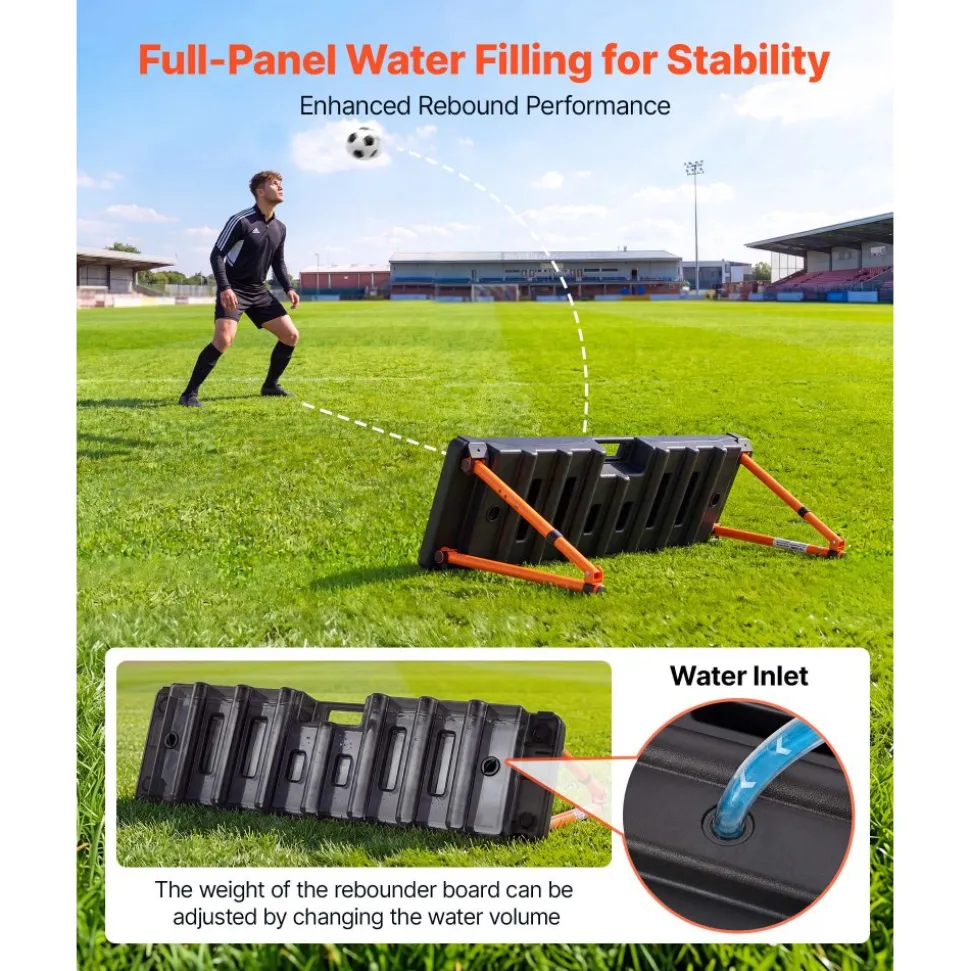 VEVOR Soccer Rebounder Board, 37.4 x 9.8 in Dual-Sided Soccer Rebound Wall, 4 Adjustable Angles, Portable Water-Fillable PE Kickback Trainer, Ground Stakes for Kids Adults, Passing & Shooting Practice